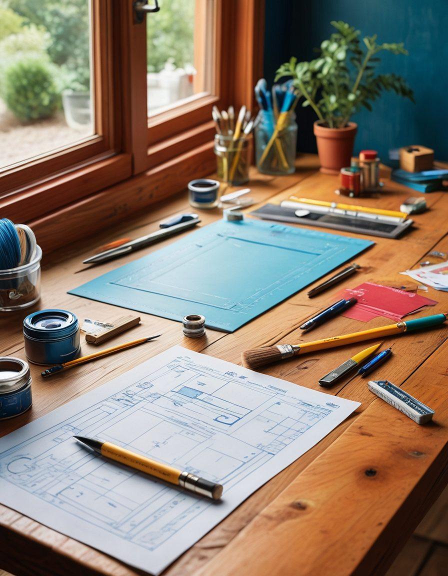 A beautifully organized workspace showcasing a blueprint and a color palette on a wooden desk, surrounded by tools like a measuring tape and a paintbrush, while a home enhancement project is in progress in the background. The soft glow of natural light filters through a nearby window, adding warmth to the scene, evoking a sense of creativity and inspiration. super-realistic. vibrant colors. airy background.