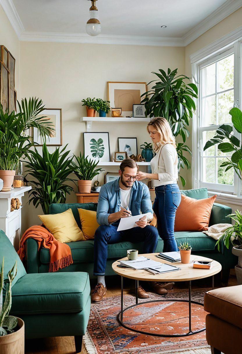 A cozy, well-maintained home interior featuring a stylish living room with tools and paint supplies artfully arranged, symbolizing home improvement. A friendly expert pointing at a maintenance checklist on a clipboard, surrounded by lush indoor plants, conveying a sense of warmth and professionalism. Bright, inviting colors that emphasize a homely atmosphere. super-realistic. vibrant colors.